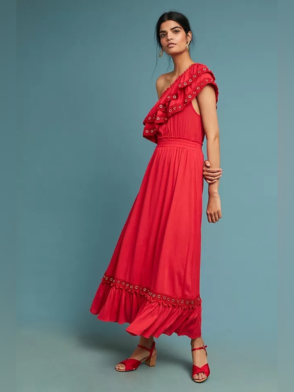 MISA Los Angeles Safa Red One Shoulder Ruffle Maxi Dress Women's XS $400